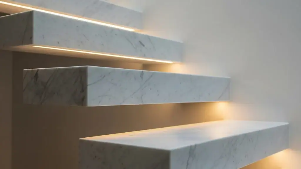 Gradini sospesi in marmo bianco con illuminazione radente, minimalismo e precisione costruttiva – architetto specchio Bolzano
