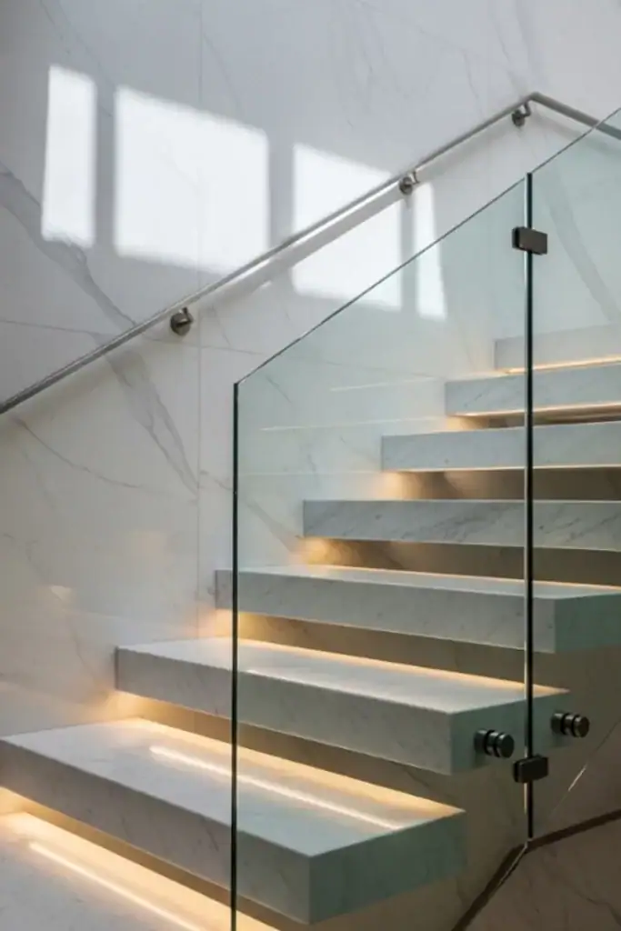 Scala in marmo bianco con parapetto in vetro e luce diffusa, progetto di eleganza e trasparenza