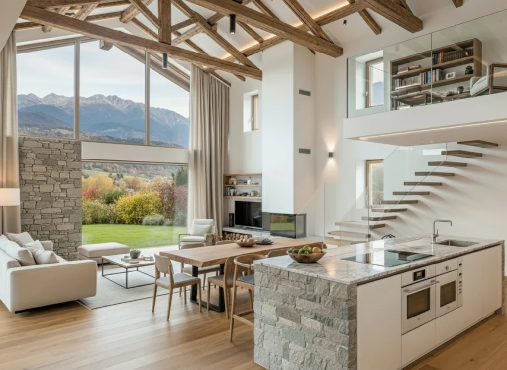 Soggiorno a doppia altezza con travi in legno, grandi vetrate panoramiche e cucina in pietra naturale – Architetto Specchio