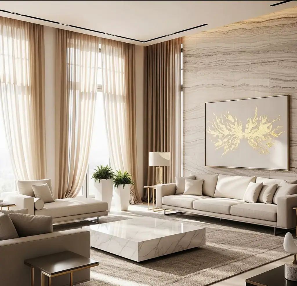 Soggiorno elegante con pareti in travertino e ampie tende beige, arredi chiari e luce naturale che illumina uno spazio calmo e proporzionato.