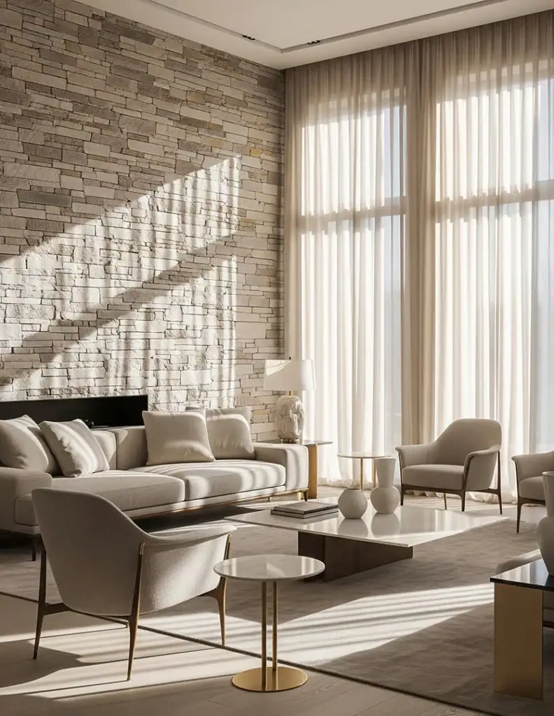 Soggiorno con parete in pietra naturale e arredi in tessuto chiaro, tavolini in ottone e luce radente che valorizza texture e profondità – Architetto Specchio Bolzano.