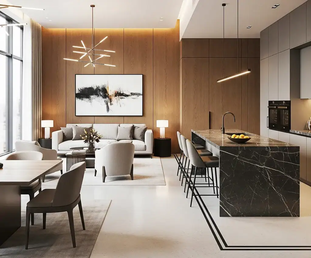 Zona living con pareti in legno e isola cucina in marmo nero, linee essenziali e contrasti caldi che definiscono uno spazio contemporaneo.