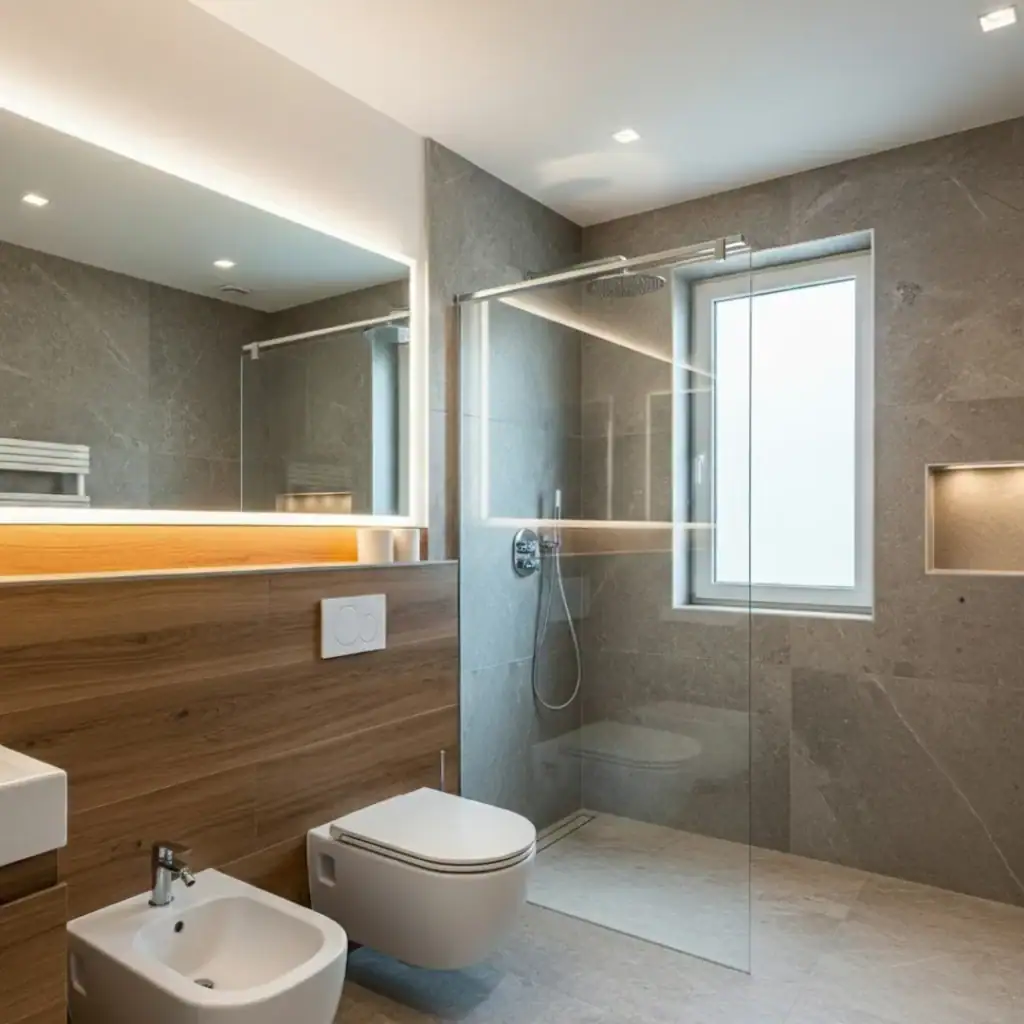 Bagno moderno in gres e legno con doccia in vetro e luce integrata, design essenziale e comfort contemporaneo