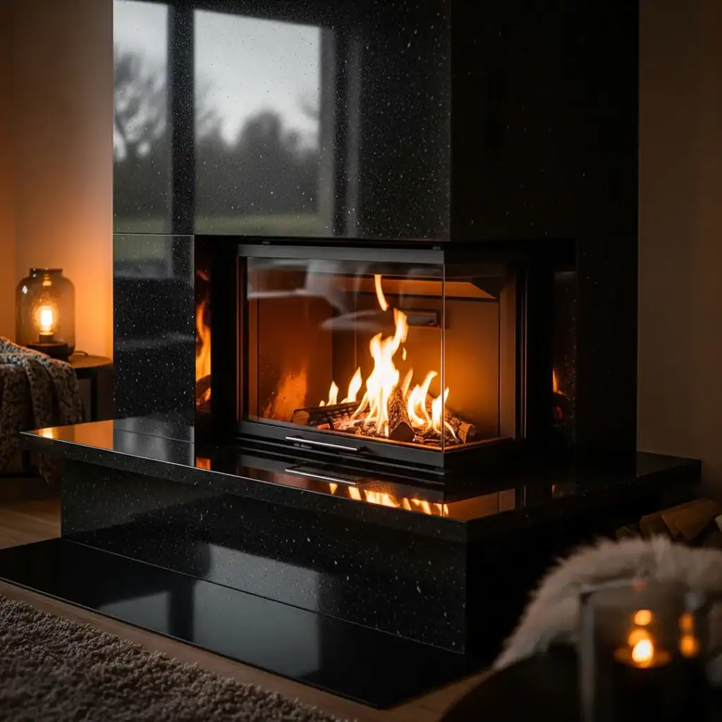 Camino rivestito in pietra nera lucida con fiamma riflessa e luce calda, atmosfera intima e materica – architetto specchio Bolzano