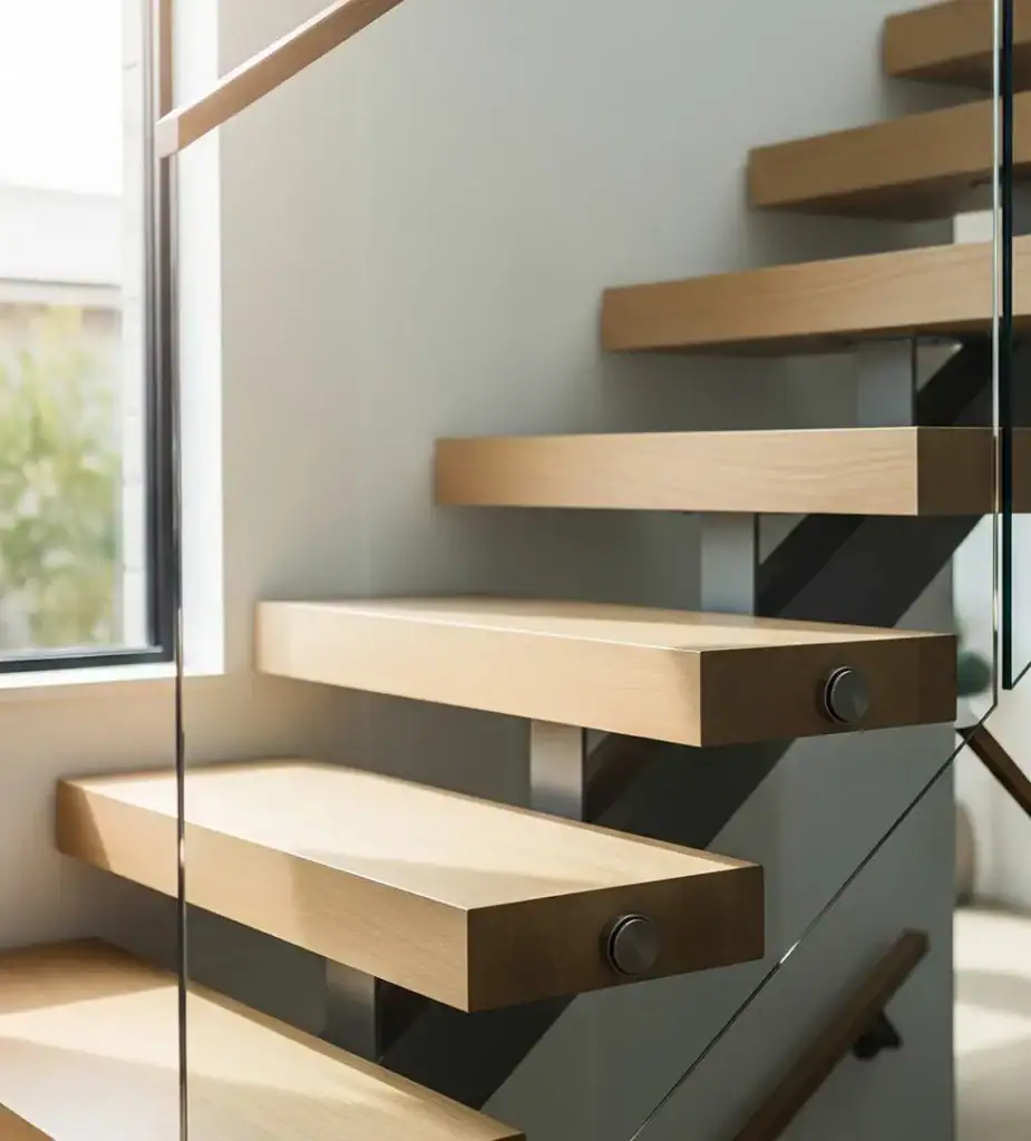 Scala sospesa in legno chiaro con parapetto in vetro e luce naturale laterale, equilibrio tra leggerezza e solidità – architetto specchio Bolzano