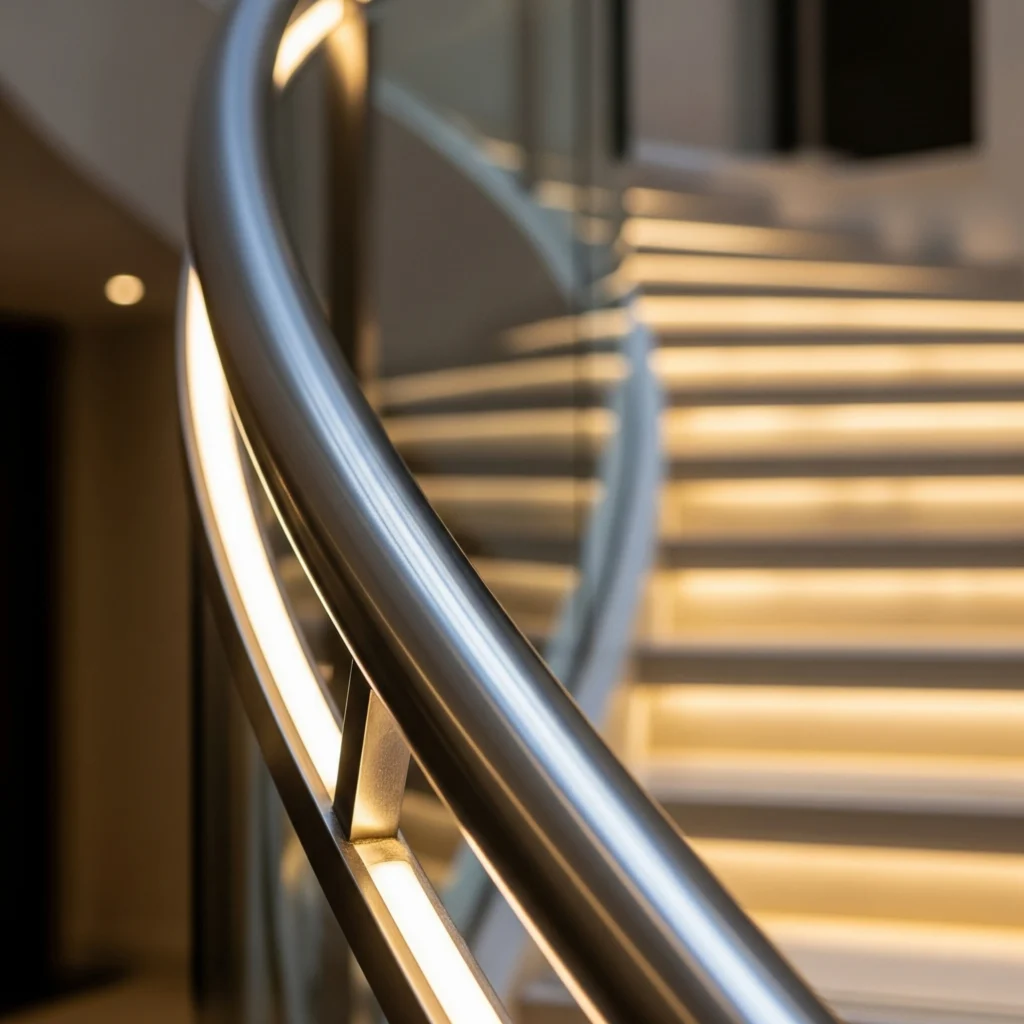 Dettaglio di corrimano in acciaio satinato con luce integrata su scala moderna, continuità tra materia e luce.