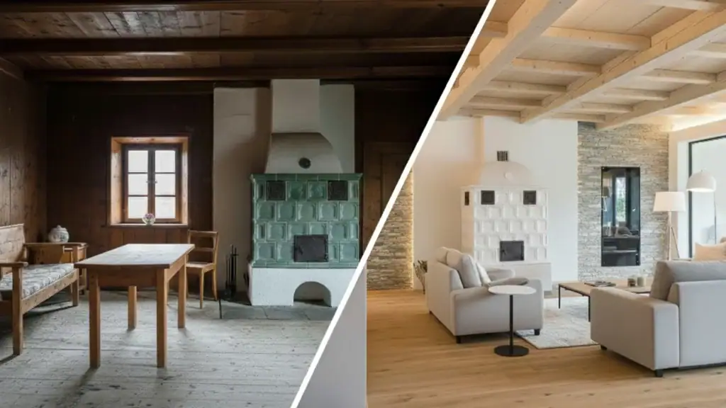 Riqualificazione di soggiorno in maso storico con stufa a olle restaurata – Architetto Specchio Bolzano