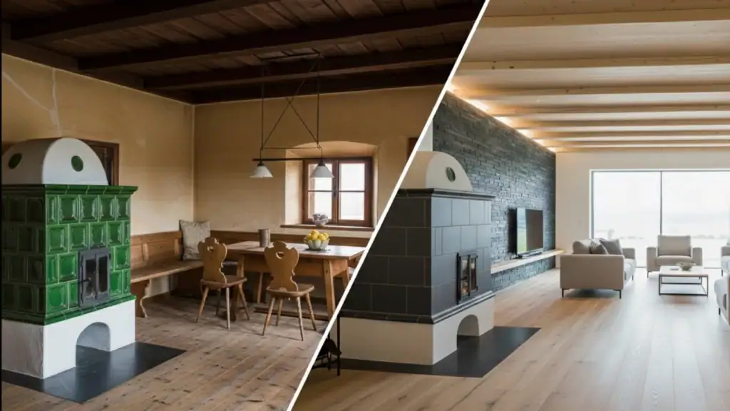 Restauro contemporaneo di soggiorno in maso tradizionale con stufa a olle verde reinterpretata – Architetto Specchio Bolzano