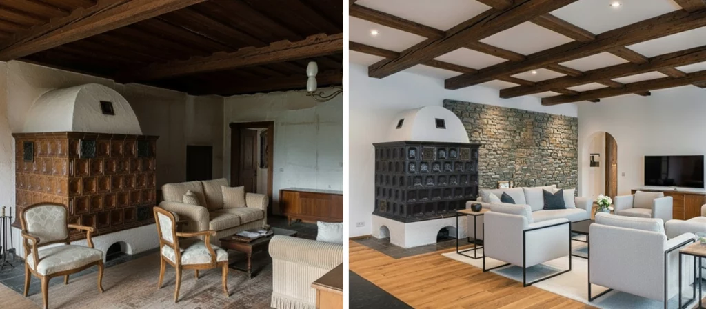 Ristrutturazione di soggiorno in maso antico con soffitto ligneo e stufa a olle scura restaurata – Architetto Specchio Bolzano