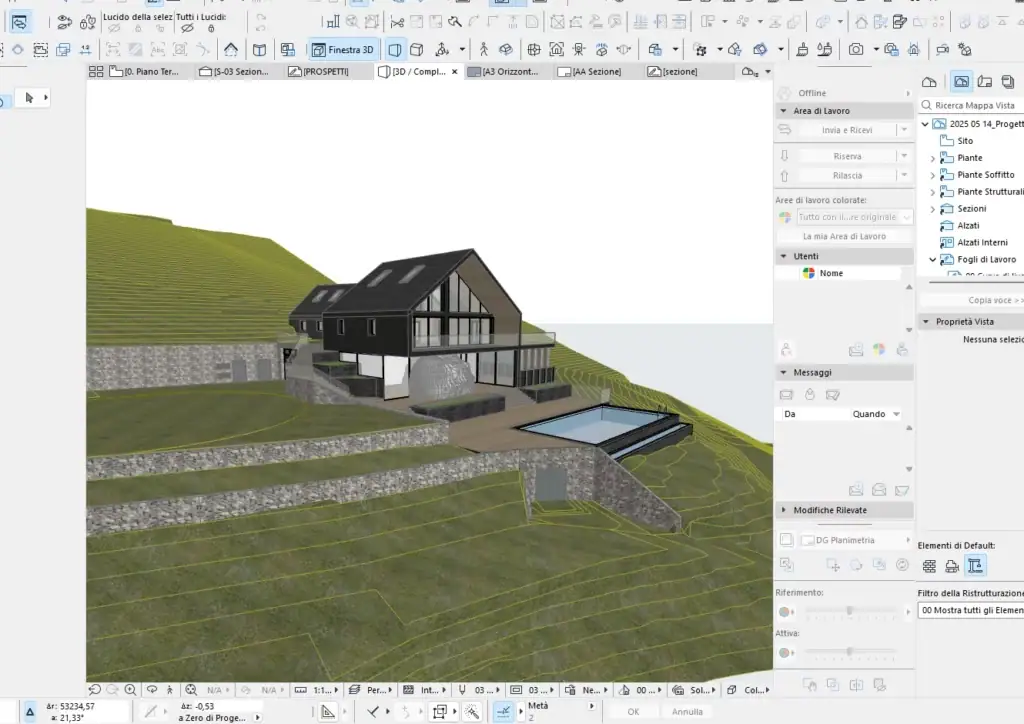 Vista laterale del maso contemporaneo in fase di progettazione – Architetto Specchio Bolzano