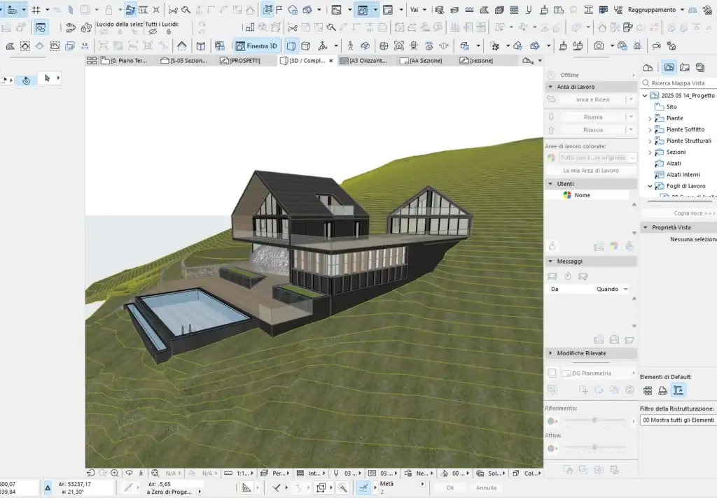 Prospetto laterale del maso contemporaneo con rivestimenti in metallo, legno e ardesia – Architetto Specchio Bolzano