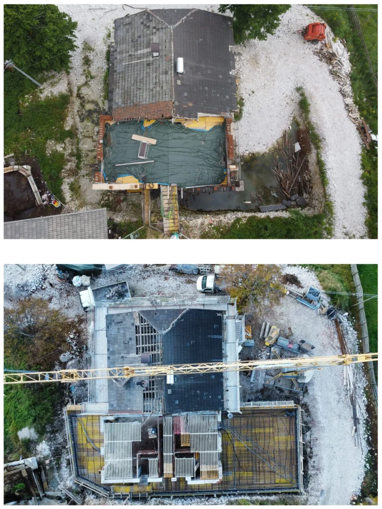 Vista zenitale del maso durante le fasi di ricostruzione strutturale – Architetto Specchio Bolzano