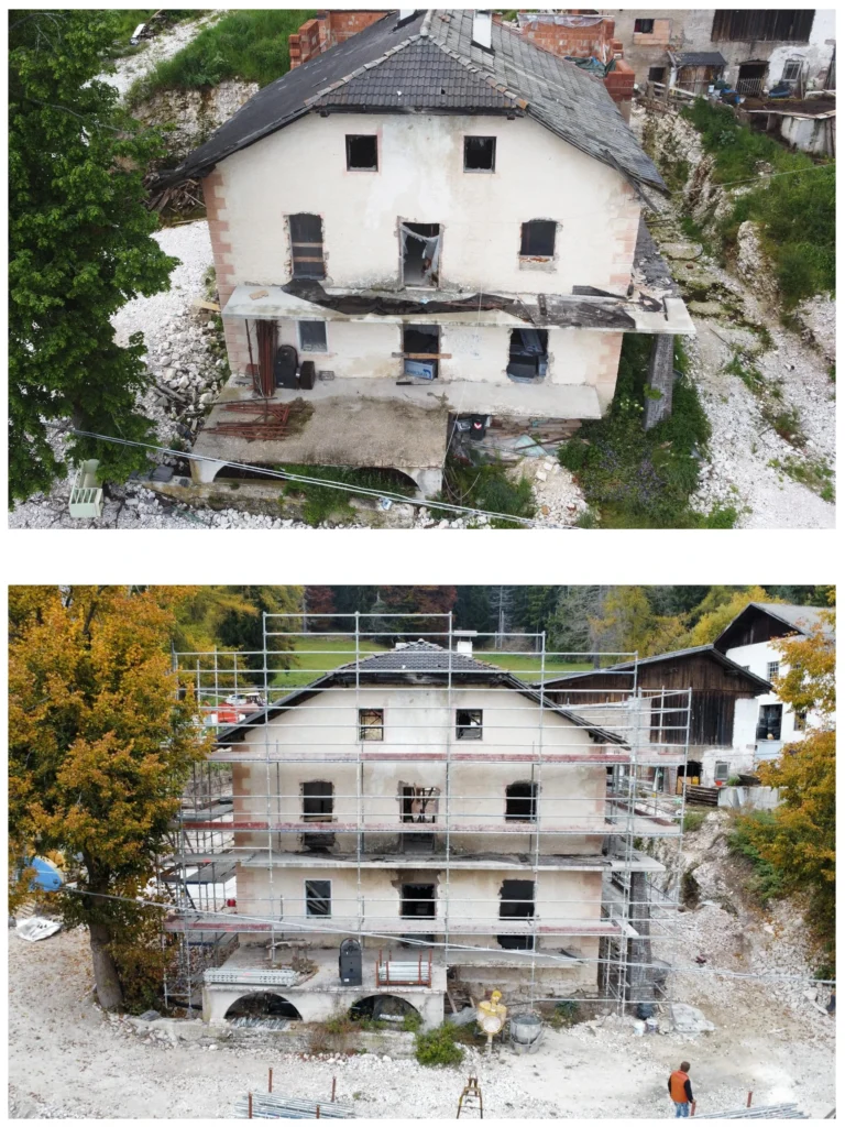 Facciata del maso storico in ristrutturazione con ponteggi e consolidamenti – Architetto Specchio Bolzano